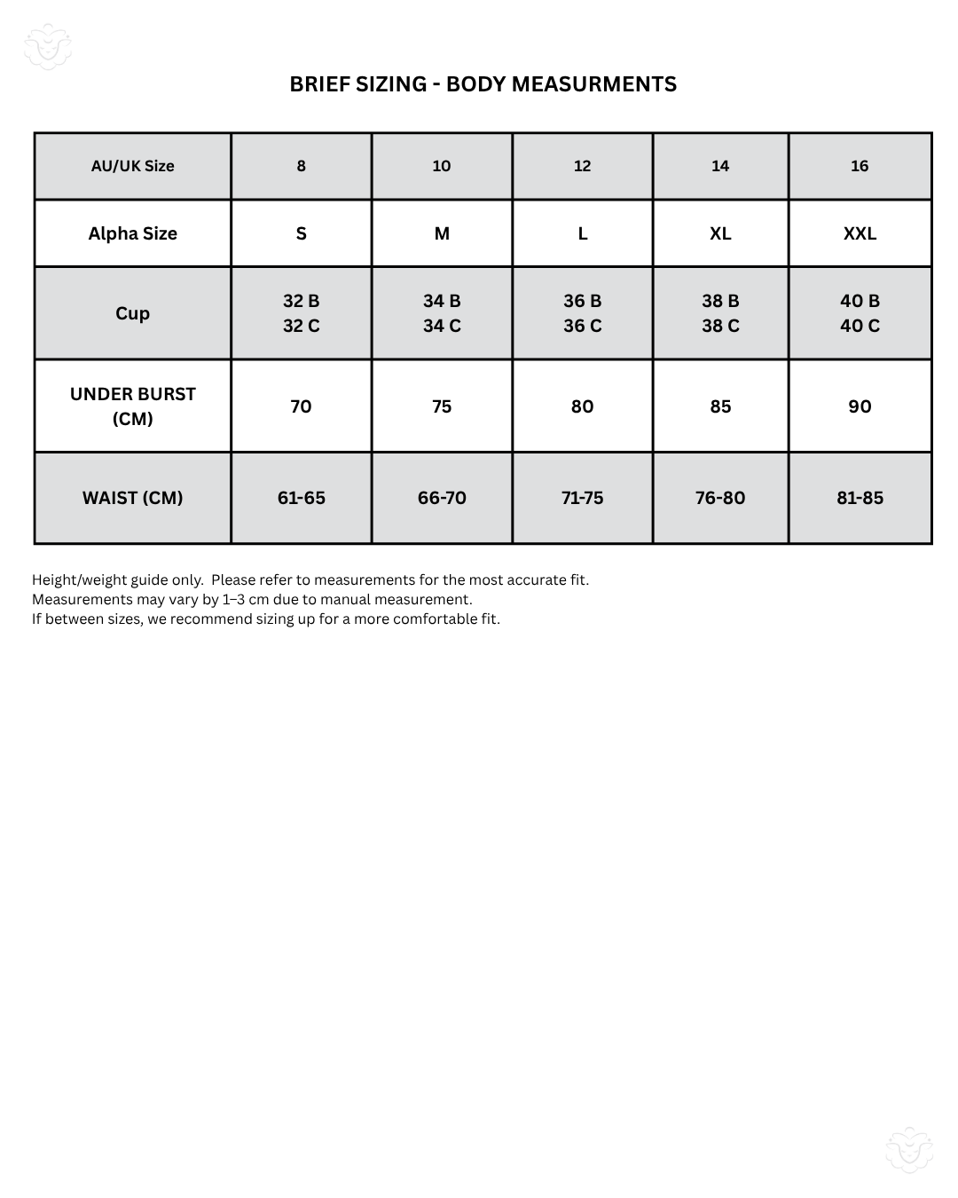 Size Chart for Essential Seamless Brief
