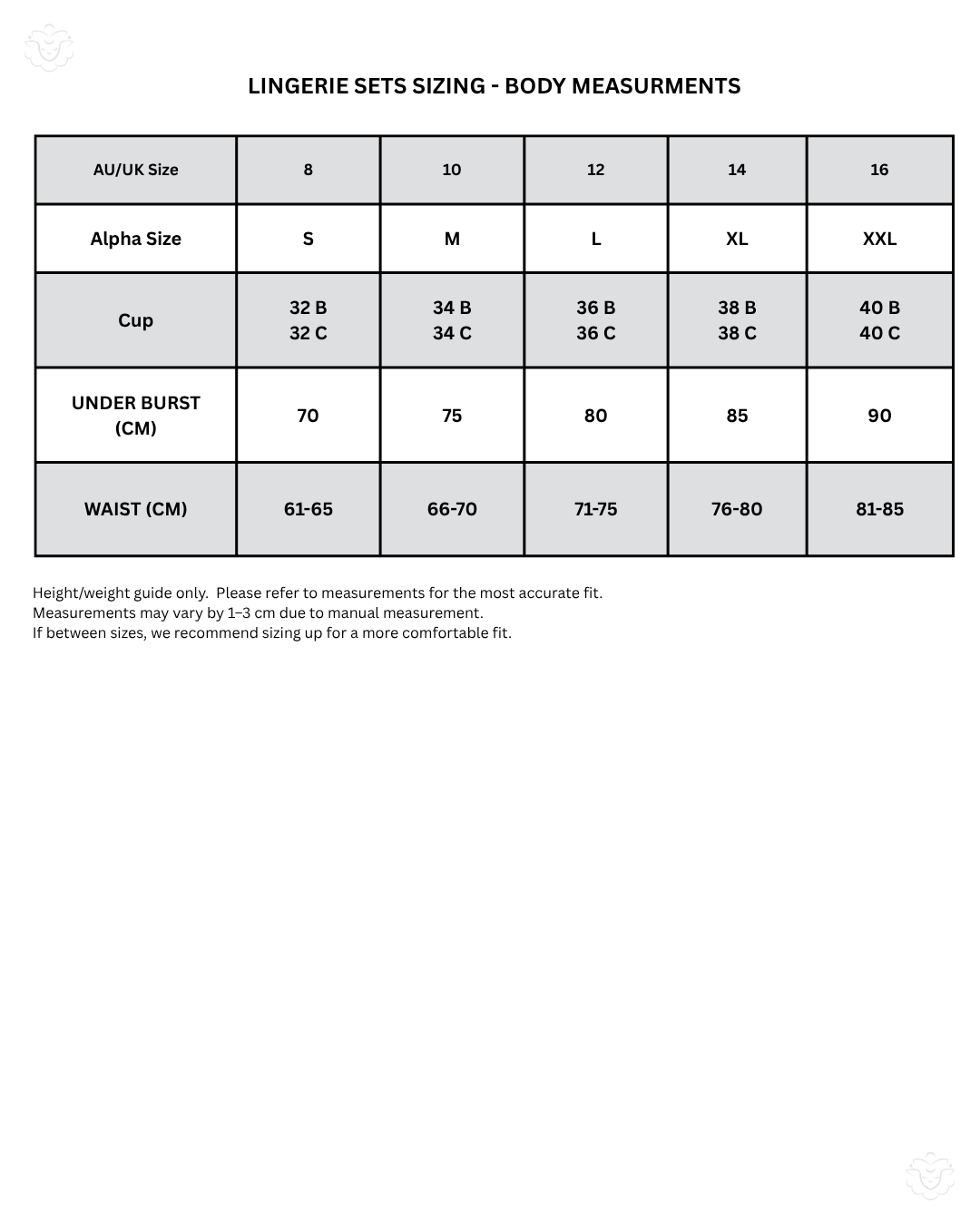 Size Chart for Sheer Garter Lingerie Set