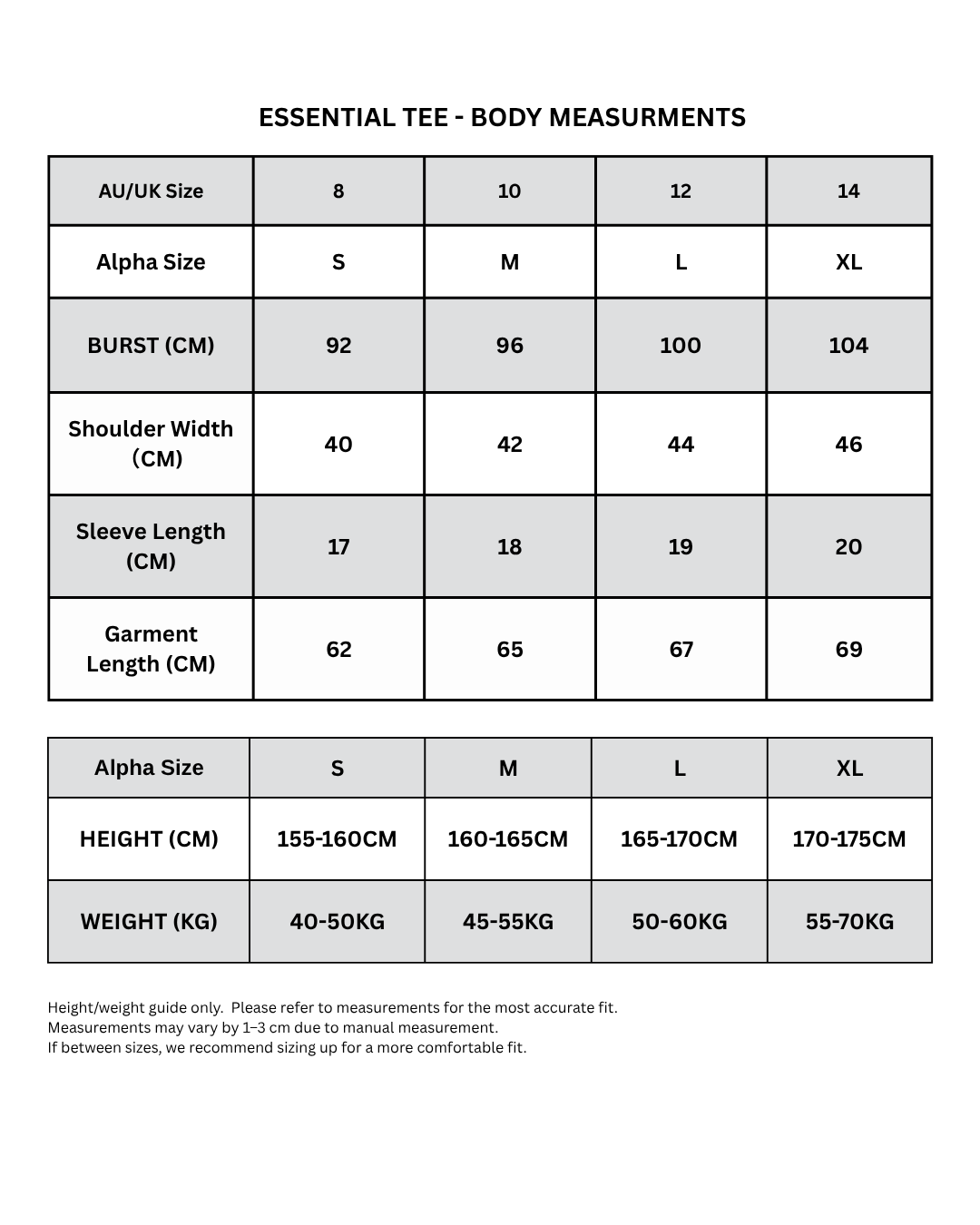 Size Chart for Musesheep logo Tee
