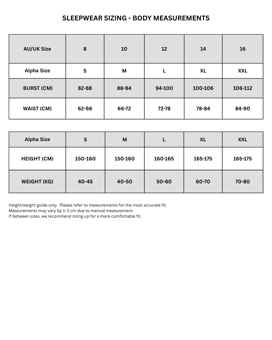 Size Chart for Lace Mirage Slip